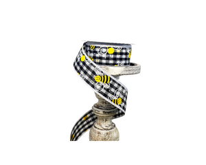 1.5"x10YD Black/White Gingham Wired Bee Ribbon - Buzzing Charm for Whimsical Crafts and Decor-45105-09-21