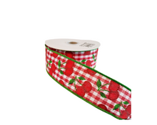 Load image into Gallery viewer, 1.5&quot;x10YD Cherries on Gingham Check Ribbon - Playful Charm in Red, White, and Green-RGA164956