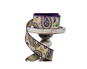 1.5"x10YD Paisley on Royal Wired Ribbon - Elegant Paisley Design in Natural, Gold, Purple, and Emerald-RGC137518