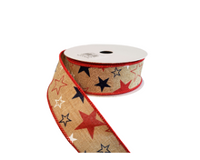 Load image into Gallery viewer, 1.5&quot;x10YD Stars Print on Royal Wired Ribbon - Patriotic Charm in Red, White, Blue, and Tan-RG1513KY