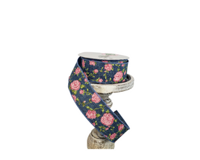 1.5"x10y Denim Linen/Pink Roses Spring Wired Ribbon - Rustic Chic for Delightful Crafts and Decor-Q921609-03 TCT Crafts
