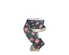 Load image into Gallery viewer, 1.5&quot;x10y Denim Linen/Pink Roses Spring Wired Ribbon - Rustic Chic for Delightful Crafts and Decor-Q921609-03