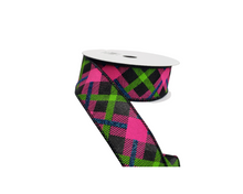 Load image into Gallery viewer, Printed Plaid on Royal Spring Wired Ribbon - Vibrant Spring Colors in Black, Lime, Hot Pink, and Blue-RGA143202