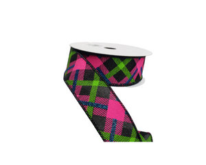 Printed Plaid on Royal Spring Wired Ribbon - Vibrant Spring Colors in Black, Lime, Hot Pink, and Blue-RGA143202