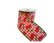Load image into Gallery viewer, 2.5&quot;x10YD Cherries on Gingham Check Ribbon - Playful Red, White, and Green Delight-RGA165056
