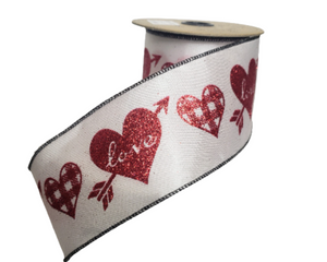 DS88-3375 2.5 inch D Stevens Satin, Red/White "Love" Hearts Valentine's Day Ribbon