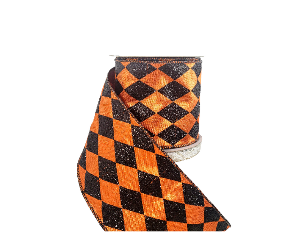 RA689-52 Premium Wired 4 x 10yd Farrisilk Diamond Harlequin Ribbon Orange/Black