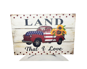 Rustic Americana: 12"x8" Wooden Sign with Rope - Land That I Love Truck with Sunflowers-CM2133