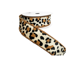 1.5 inch Leopard Print Fuzzy Wired Ribbon-Natural/Black/Brown-RGB140618