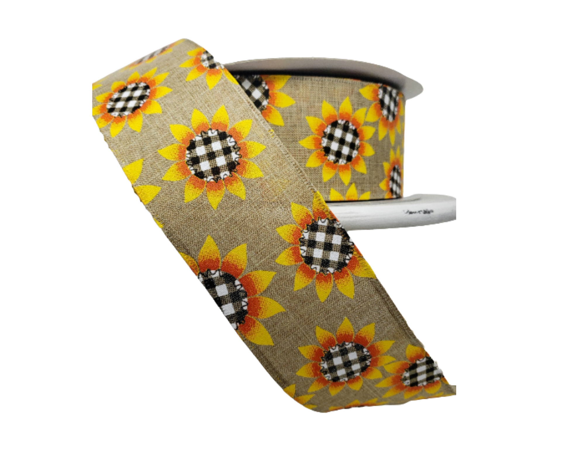 Rustic Elegance: 2.5"x50YD Natural Linen Sunflower Ribbon with Black/White/Plaid Centers-RJ4940 TCT Crafts