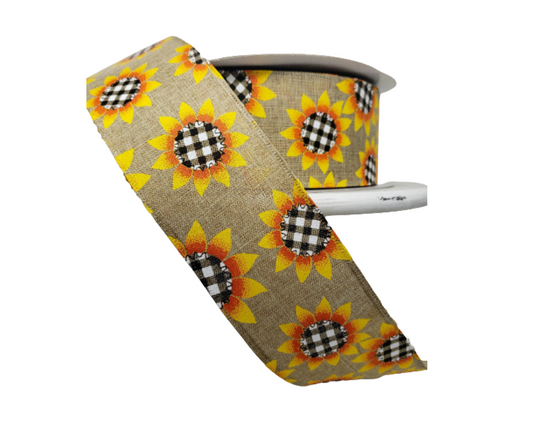 Rustic Elegance: 2.5"x50YD Natural Linen Sunflower Ribbon with Black/White/Plaid Centers-RJ4940 TCT Crafts