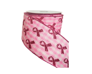 2.5"x10YD Glitter Breast Cancer Awareness Gingham Ribbon - Sparkle with Support-RGC1097WT