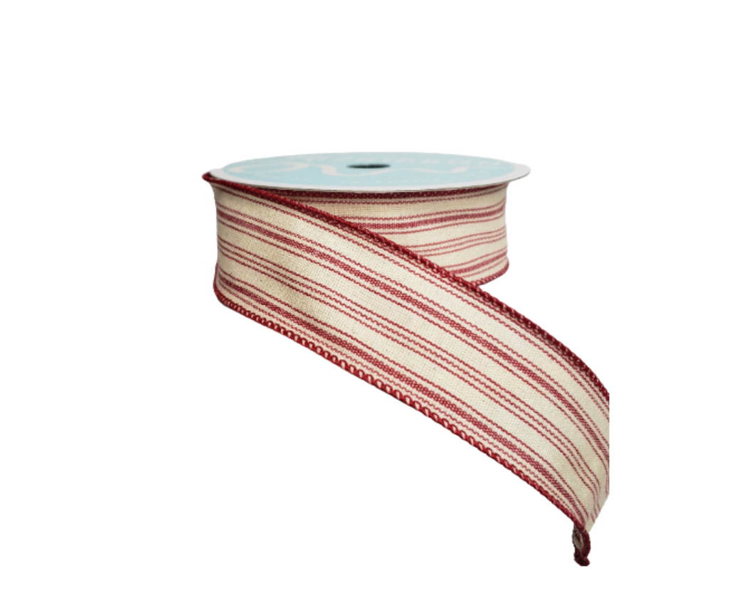 1.5 inch Ticking Stripe Ribbon - Red/Beige - Vintage-Inspired Charm for Wreathmaking, Crafts, and Decor-RGA187524