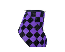 Load image into Gallery viewer, 4&quot;x10YD Glitter Check on Royal Ribbon - Elegant Sparkle in Purple and Black-RGA149823