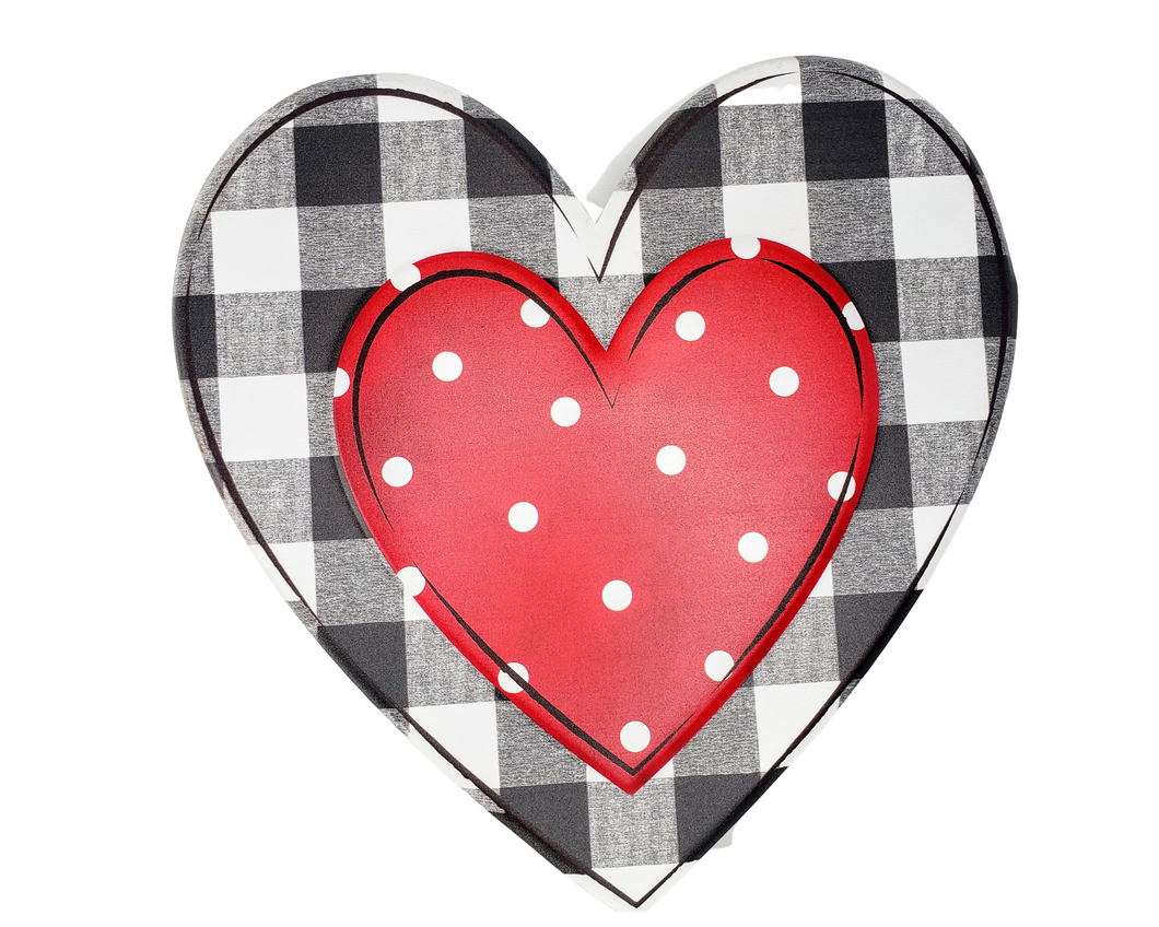 Metal Embossed Check Heart Sign - Black/White/Red, 12