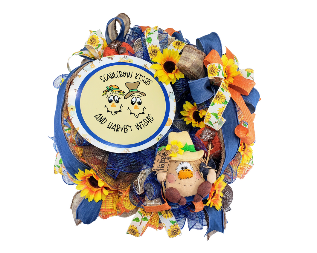 Large Primitive Fall Scarecrow Door Wreath - 26x23x9 Inches, Handcrafted with Deco Mesh, Faux Pumpkins, Sunflowers, Custom Sign, Bows & Ribbons-TCT1402
