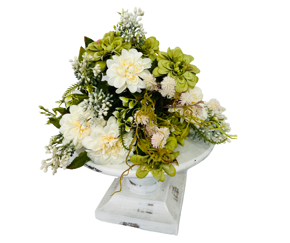Elegant Blooms: 15.75-Inch Artificial Dahlia/Fern/Berry Bush Bouquet in Cream, Green, and Light Pink-FB189539
