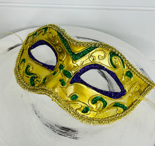 Load image into Gallery viewer, Masquerade Mardi Gras Mask - Gold/Purple/Green, 6.5&quot;Lx3.75&quot;H-HG1041