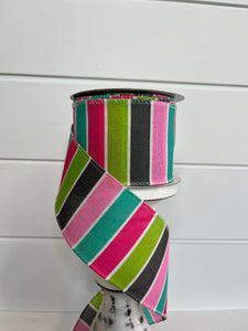 2.5"x10YD Pink/Teal/Lime Christmas Stripes Wired Ribbon - Vibrant Festivity for Holiday Crafts and Decor-(72008-40-44)