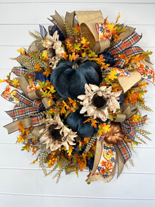 Large Blue/Orange Fall Wreath for Front Door-TCT1538