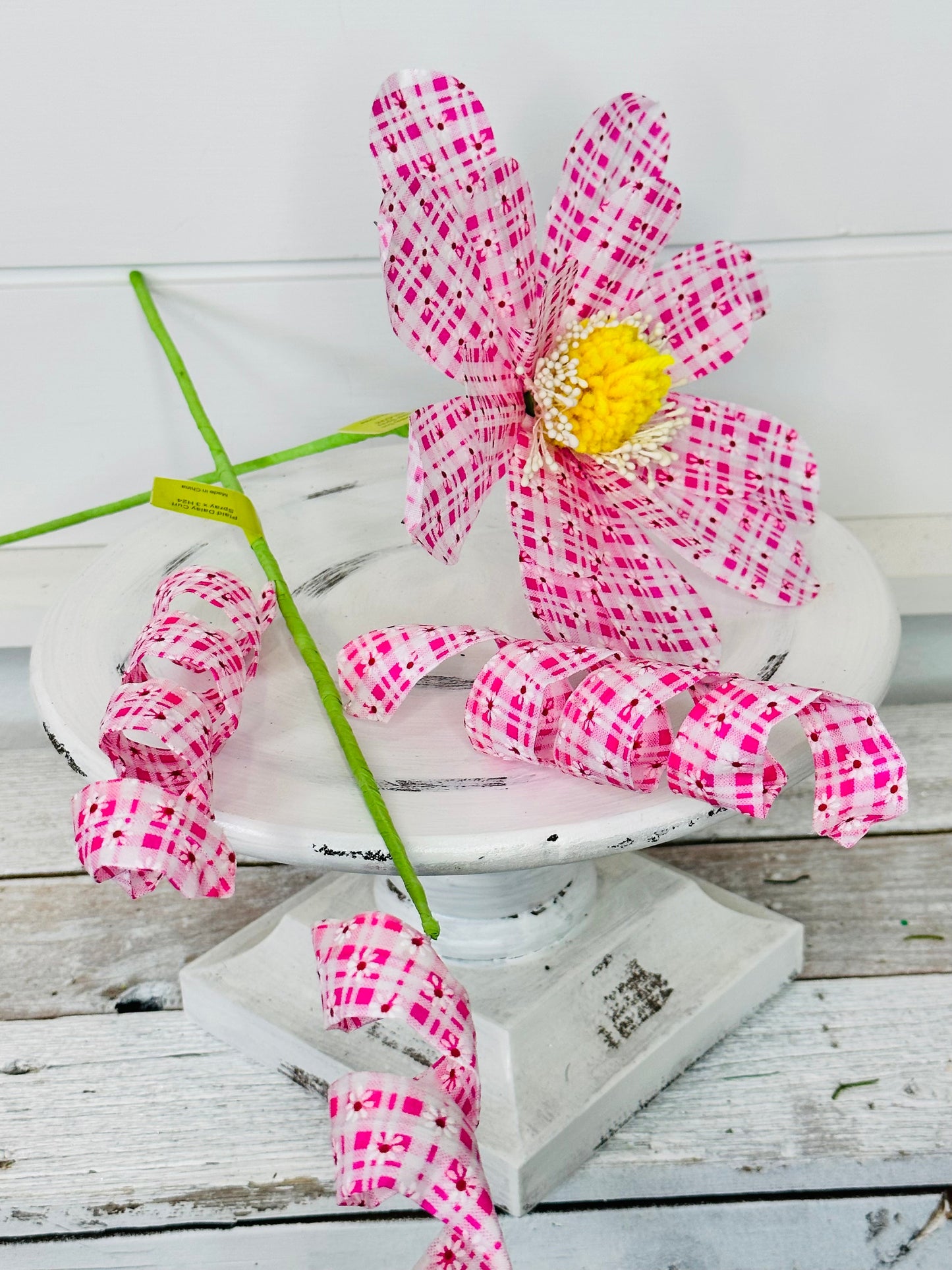 4" Long Pink Plaid Daisy Sunflower Spray - Artificial Flower Arrangement Decor for Home and Events-63224PK