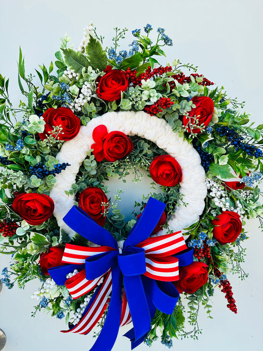 Elegant Patriotic Floral Wreath for Front Door-Red,White, & Blue Porch Decor (TCT1625) TCT Crafts