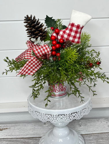 Small Rustic Red/White Gingham Christmas Centerpiece Table Decor-TCT1428