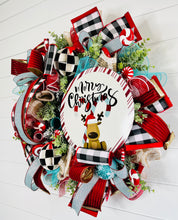 Load image into Gallery viewer, Blue &amp; Red Reindeer Peppermint Flocked Christmas Wreath-TCT1434