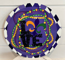 Load image into Gallery viewer, 11.75&quot; Round Metal Mardi Gras Love Sign
