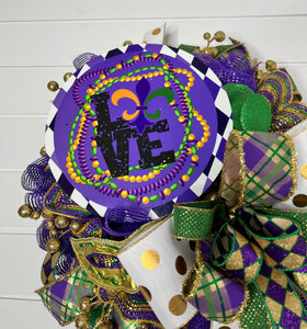 Purple & Gold Fleur De Lis Mardi Gras Love door wreath-TCT1453