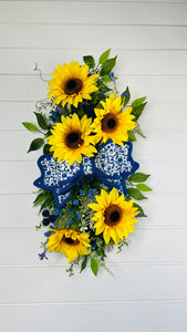 Yellow/Blue Sunflower Door Wreath/Swag - Fern Grapevine Teardrop - Elegant Handmade Decor - Approx. 31x15x7-TCT1521