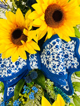 Load image into Gallery viewer, Yellow/Blue Sunflower Door Wreath/Swag - Fern Grapevine Teardrop - Elegant Handmade Decor - Approx. 31x15x7-TCT1521