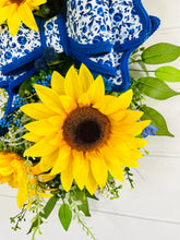 Load image into Gallery viewer, Yellow/Blue Sunflower Door Wreath/Swag - Fern Grapevine Teardrop - Elegant Handmade Decor - Approx. 31x15x7-TCT1521