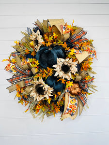 Large Blue/Orange Fall Wreath for Front Door-TCT1538