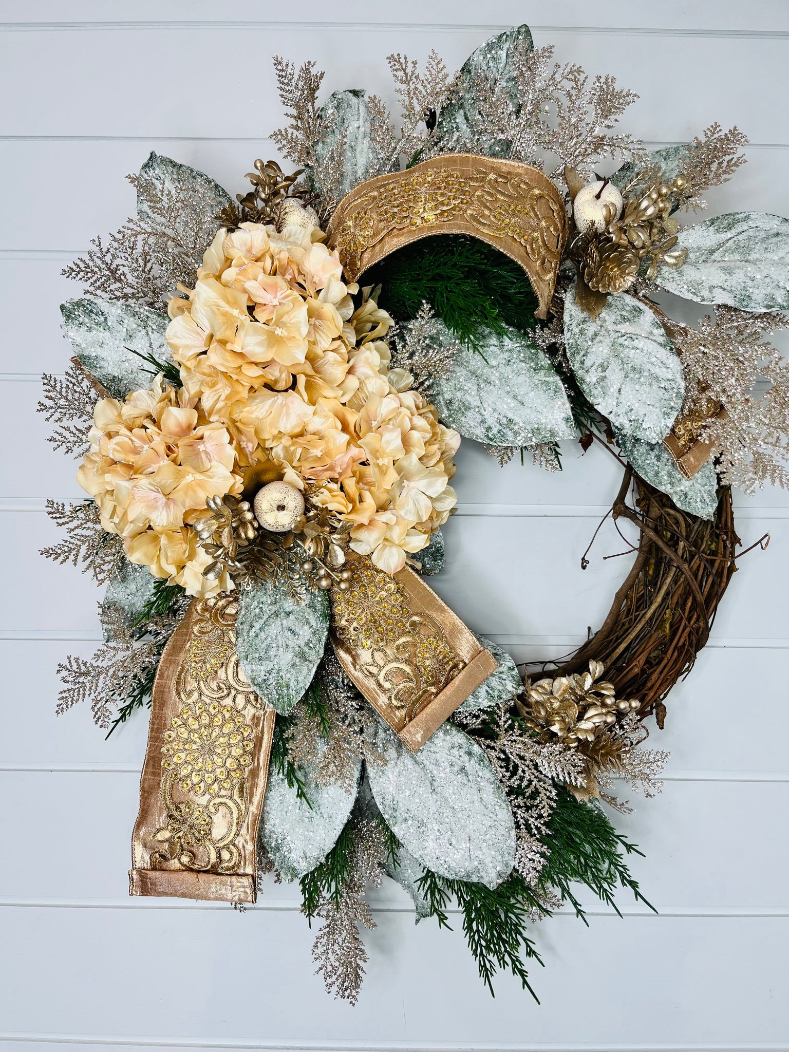 Elegant Designer Champagne/Rose Gold Grapevine Christmas Wreath