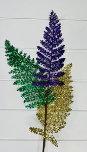 Vibrant Celebration: 37" Mardi Gras Glitter Leaf Spray in Green, Gold, and Purple-HG3168