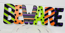 Load image into Gallery viewer, 19&quot;Lx6.5&quot;H Metal Embossed &#39;Beware&#39; Halloween Sign - Spooky Decor in Black, Purple, Orange, and Green-(MD0707)