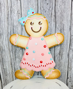 13" Embossed Metal Christmas Sign - Delightful Gingerbread Girl in Pink, Brown, Mint, Red & White-MD0742