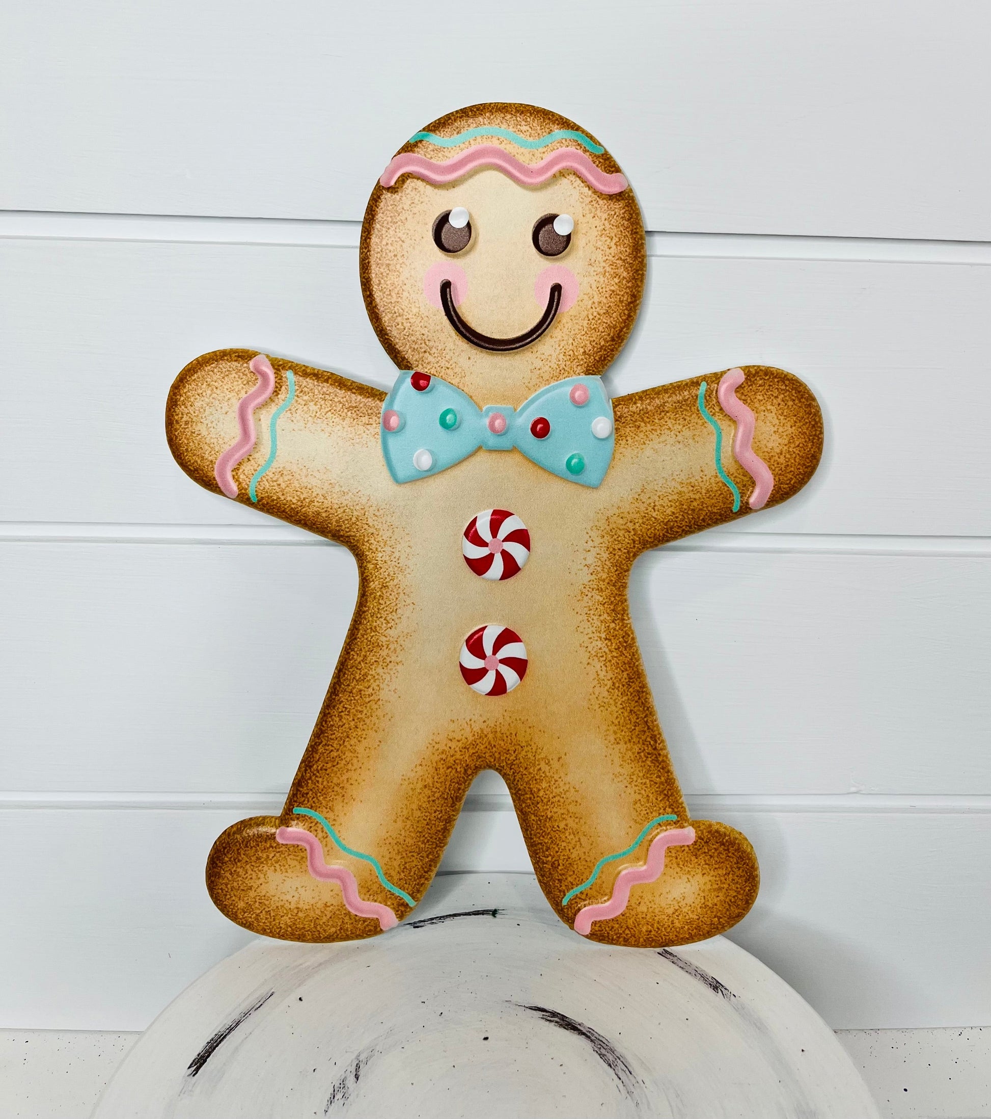 12" Embossed Metal Christmas Sign - Adorable Gingerbread Boy Design in Tan, Pink, Blue & White-MD0743 TCT Crafts