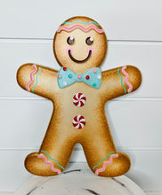 Load image into Gallery viewer, 12&quot; Embossed Metal Christmas Sign - Adorable Gingerbread Boy Design in Tan, Pink, Blue &amp; White-MD0743