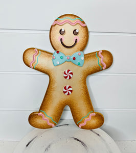 12" Embossed Metal Christmas Sign - Adorable Gingerbread Boy Design in Tan, Pink, Blue & White-MD0743
