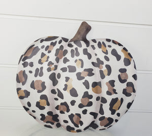 Metal Embossed Leopard Spot Pumpkin Fall Sign - White/Black/Tan, 12"L-(MD076527)