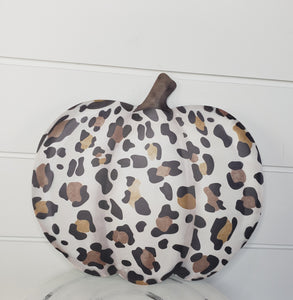 Metal Embossed Leopard Spot Pumpkin Fall Sign - White/Black/Tan, 12"L-(MD076527)