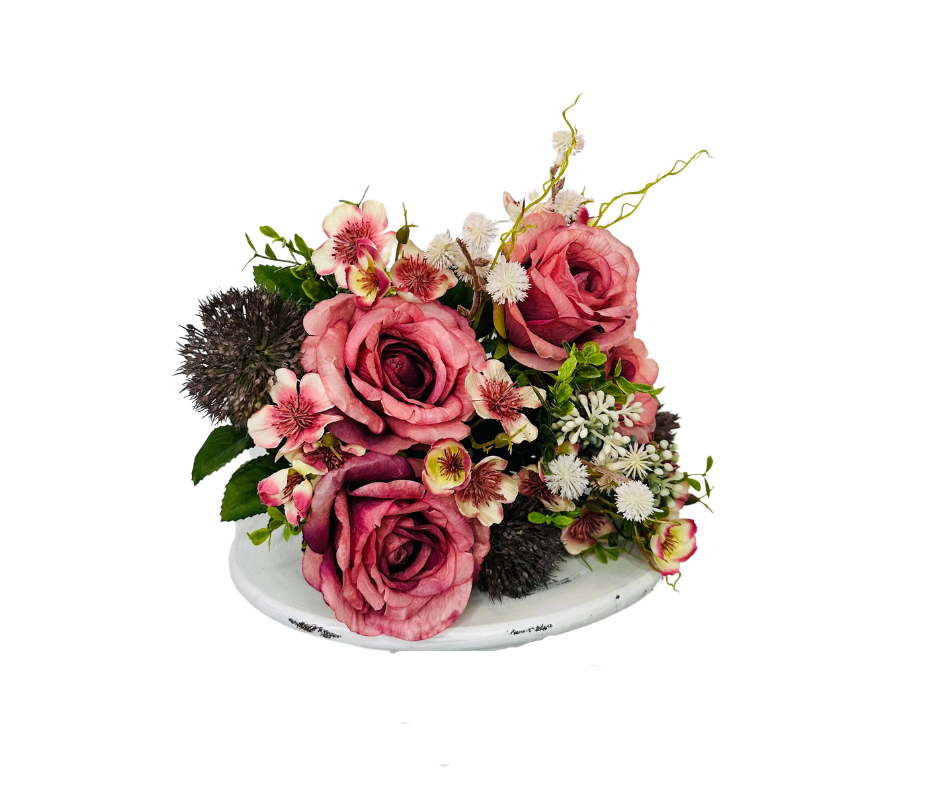 Enchanting Blooms: 17.75-Inch Artificial Rose/Spiraea/Fern Bush Bouquet in Pink, Lavender, and Cream-FB190253