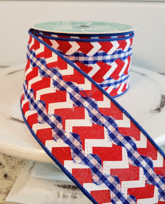 RG2026A1-2.5"x10yd Gingham Ricrac/Chevron Patriotic Ribbon-Red/White/Blue - TCTCrafts