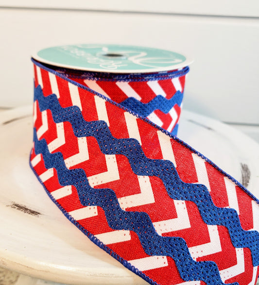RG2050A1-2.5"x10YD Ric Rac Stripe/Chevron Patriotic Ribbon-Red/White/Blue - TCTCrafts