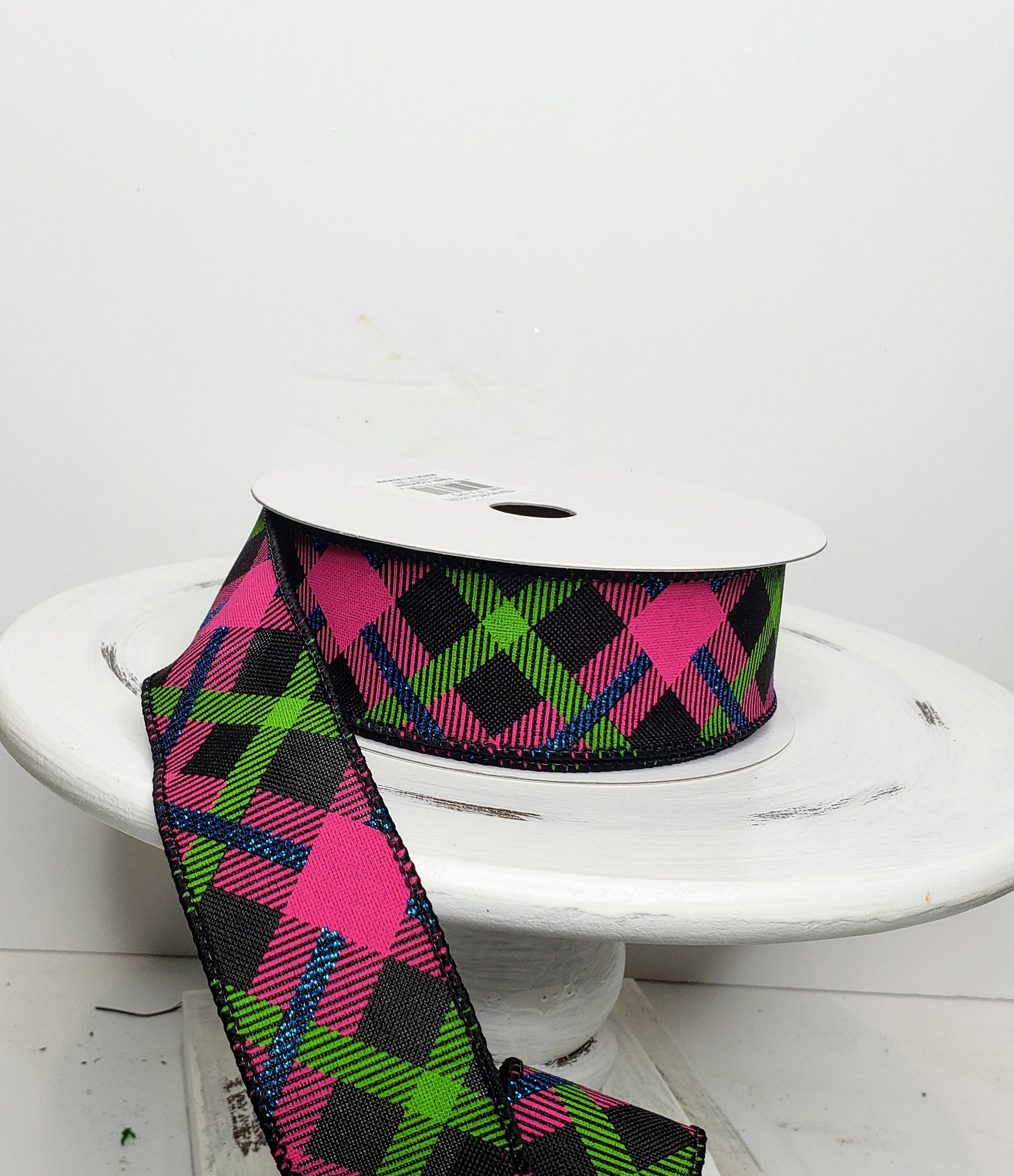 RGA143202-Printed Plaid on Royal Spring Ribbon-Black/Lime/Hot Pink/Blue - TCTCrafts