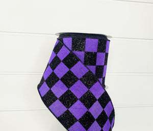 4"x10YD Glitter Check on Royal Ribbon - Elegant Sparkle in Purple and Black-RGA149823
