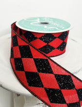 Load image into Gallery viewer, RGA149924-2 Inch Glitter Harlequin Check Wired Ribbon-Red/Black - TCTCrafts