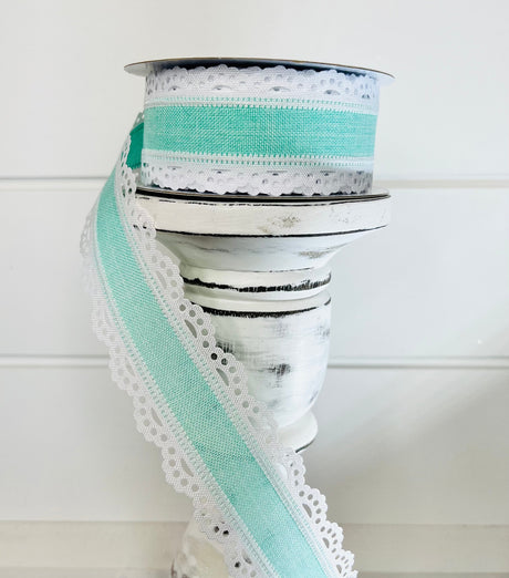 Mint Green and White Scalloped Edge Royal Burlap Wired Ribbon - 1.5 Inches Wide, 10 Yards Length - Perfect for Crafts-RGA1541AN TCT Crafts